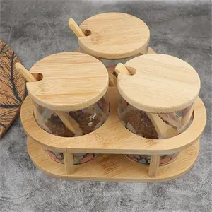 Ensemble de 3 pots à épices en verre à haute teneur en borosilicate 100ml avec couvercles en bois de bambou et base