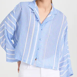 Wholesale High Quality Long Sleeves Stripe Shirt Casual Mock Neck Button Placket Blouse Top For Ladies
