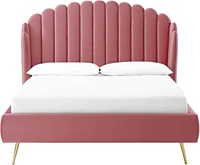 Lit rembourré moderne rose chromé avec ailes, capitonné, avec rangement, cadre en bois, sommier à ressorts, disponible en tailles King, Queen et Double
