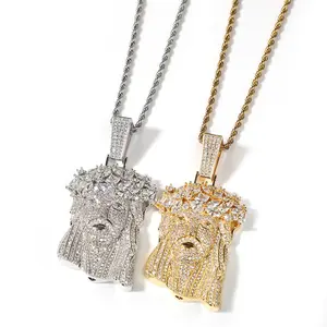 Iced Out Hip Hop Jewelry Big Size 18K Gold Plated Brass AAAAA CZ Diamond Jesus Pendant Necklace With Rope Cain For Men