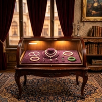 Vitrine d'îlot pour bijoux de style classique français, incurvée, avec doublure en velours, un meuble de luxe rétro, sculpté, éclairé, en verre antique