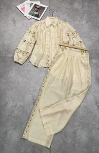 เสื้อสองชิ้นแฟชั่นฤดูใบไม้ร่วงของผู้หญิงเสื้อลูกไม้แขนยาวเย็บปะติดกางเกงขากว้างเอวสูงกระชับสัดส่วน - Product Image 5