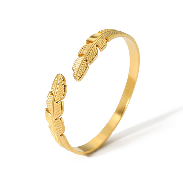 Stylish Stainless Steel 18K Gold Plated C Shape Leaf Feather Adjustable Open Cuff Bangles for Women