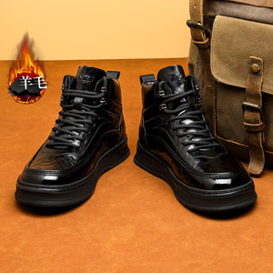 Bottes de neige montantes en cuir pour hommes, doublées de laine noire, semelle épaisse, à lacets, chaudes pour l'hiver, résistantes à l'usure, antidérapantes, chaussures d'extérieur - Product Image 2