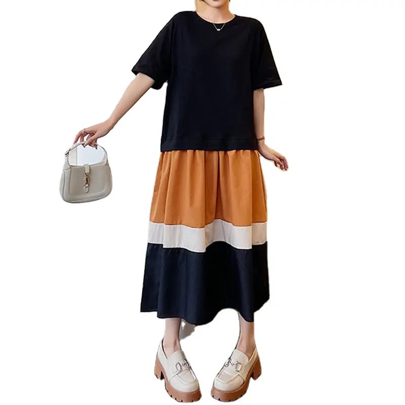 New Design Women T Shirt Contrast Color Long Dress Cotton Loose Daily Wear Summer Casual Dress For Women