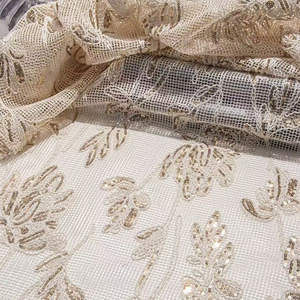 Tessuto in Rete con Paillettes, Tessuto in Pizzo Floreale 3D con Paillettes, Tessuto in <span class=keywords><strong>Tulle</strong></span> <span class=keywords><strong>Ricamato</strong></span> con Paillettes Dorate per Abiti da Sposa - Product Image 5