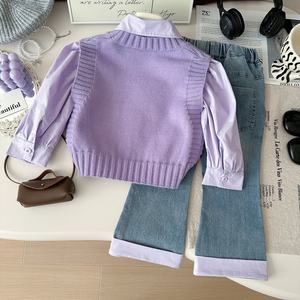<span class=keywords><strong>Nouvelle</strong></span> <span class=keywords><strong>collection</strong></span> d'automne, gilet en tricot rétro décontracté à nœud pour filles, ensemble chemise en jean unie de style coréen, <span class=keywords><strong>haut</strong></span> et jean - Product Image 5