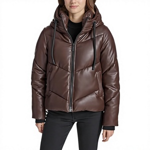 Streetwear <b>Womens</b> Cropped Leather Puffer Jacket Oversized Stand Collar <b>Padded</b> Outerwear - Product Image 1