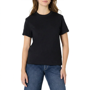 T-shirt à manches courtes col rond noir pour femme, coupe classique, 100% coton jersey, couleur unie, respirant, toutes saisons - Product Image 1