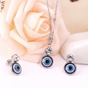 Parure de bijoux de mariage tendance en acier inoxydable plaqué or PVD 18 carats bleu, collier et boucles d'oreilles pour femme, prix de gros - Product Image 5