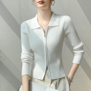 Sucesso de Vendas 2026: Cardigãs de Tricô Canelado Curto Ajustado com Gola Polo, Elegantes, Lisos, para Sobreposição, com Zíper, para Outono, e Casacos - Product Image 5