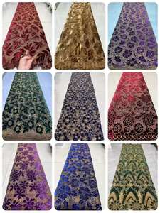 Tissu en dentelle floquée <span class=keywords><strong>noir</strong></span> et or, dentelle en velours brodée florale 3D avec fil doré, matériau de luxe pour robes de mariée et de soirée - Product Image 6