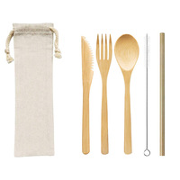 Ensemble de couverts de voyage biodégradables réutilisables écologiques pour pique-nique, ensemble de couverts en bambou avec sac