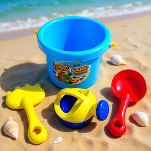 Plastic Kids Beach Bucket Play <b>Set</b> with Watering Can Shovel Rake in Mesh Bag - Product Image 2