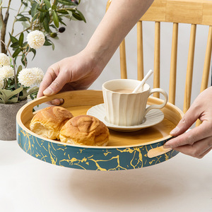 Round Bamboo Wood <b>Tray</b> Double-Eared Handle Solid Color Serving <b>Tray</b> For <b>Tea</b> Coffee Snacks Hotel Home Use - Product Image 3