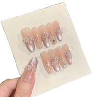 10 faux ongles en amande à presser, couvrance totale, motif feuille scintillante, en plastique, avec colle