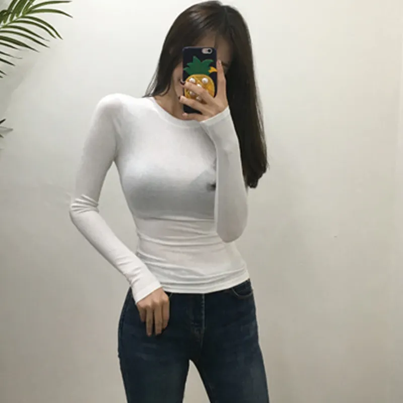 Koreanisches schlankes Design T-Shirt Sexy Baumwolle Langarm Sommer Tops T-Shirts Femme Eng anliegendes Shirt