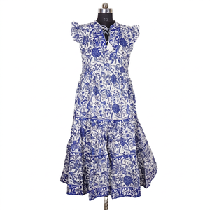 Vestido de corte A con cuello en V para mujer, informal, para fiesta de noche, 100% algodón, con encaje floral pintado, ecológico, con logo frontal, largo a media pantorrilla. - Product Image 1