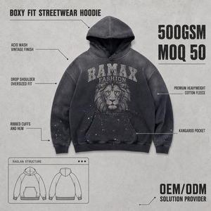 <span class=keywords><strong>Felpa</strong></span> <span class=keywords><strong>con</strong></span> Cappuccio Oversize da Uomo RAMAX, 500GSM in Cotone Felpato, Lavaggio Acido, Stile Streetwear <span class=keywords><strong>con</strong></span> Stampa <span class=keywords><strong>Leone</strong></span> e Tasca a Marsupio - Product Image 1