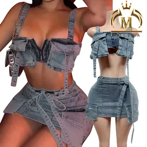 Trendy Boutique Women Denim Clothing Pocket Patchwork Tube Strap Top+Skirt Matching Lady Y2K Denim Two Piece Skirt Set Women