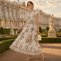 Robe longue en viscose pour femme, coupe trapèze évasée, manches bouffantes, imprimé floral Jardin Impérial, style romantique russe, personnalisable avec logo OEM