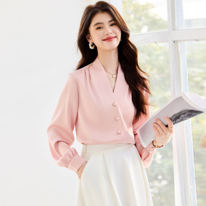 Women's Long Sleeve V Neck Shirt Solid Color Satin Office Wear Red - Product Image 4