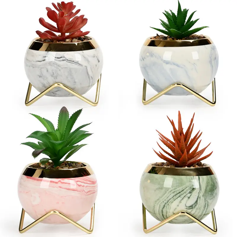 Pot bunga kaktus bulat keramik Mini, Pot sukulen taman kreatif pola marmer palsu dengan dudukan logam
