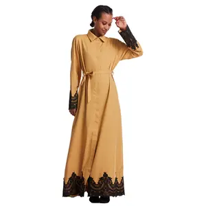 Wholesale Muslim Woman Tunic Loose Style Maxi Dress Lady Solid Lace Thobe Front Open Kimono Abaya Prayer Clothes with Pocket