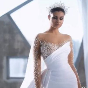 S6986F livraison directe nouveau <span class=keywords><strong>Saton</strong></span> haut de gamme à manches longues dentelle coupe ajustée mariée grande taille robe de bal robes de mariée - Product Image 1