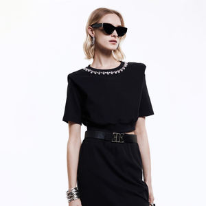 Maglietta in maglia tinta unita da <span class=keywords><strong>donna</strong></span> con collo alto a maglia Casual t-shirt con cintura stagionale Crop Top mezza manica - Product Image 4