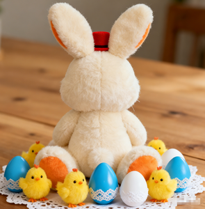 Boneka Kelinci Gaya Vintage Warna Beige dengan Topi Merah, Mainan Hewan Premium Terbuat dari Poliester dan Kapas PP untuk Hadiah dan Dekorasi Liburan - Product Image 2