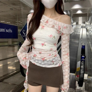 Lace Floral Print Long Sleeve Off Shoulder Blouse Women Autumn Ruffled Asymmetric Top Everyday Wear Apricot Color With Inner - Product Image 2