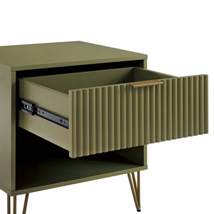 Olive Green Nightstand with Ribbed <b>Drawer</b> and Open Shelf Metal Legs - Product Image 5