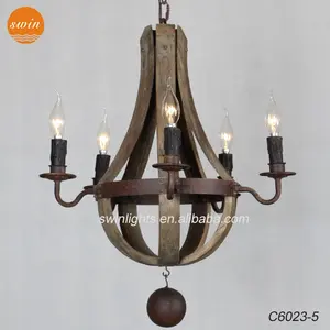 Wood Pendant Lamp Vintage Rustic Small 5-light Wine Barrel Wooden Chandelier Wood Wrought Iron Pendant Lamp