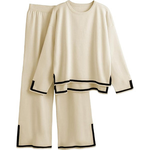 Conjunto Casual de Mujer, Top + Pantalón, Primavera-Otoño, Color en Contraste, Manga Larga, Tejido de Punto, Transpirable, Cintura Alta, Pierna Ancha, Dos Piezas - Product Image 1