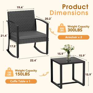 Juego de Muebles de Jardín Greesum de 3 Piezas, Sillas Mecedoras de Patio, Mesa de Centro de Vidrio, para Piscina, Playa, Patio Trasero, Balcón, Porche, Jardín - Product Image 3