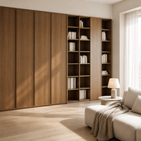 Armoire sur mesure pour appartement, bibliothèque autoportante, cadre en aluminium, portes Shaker, corps en OSB, finition grain de bois, étagères ouvertes
