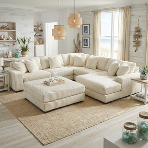 Canapé d'Angle Modulaire Moderne avec Méridienne en Velours Côtelé Blanc, Structure en Bois et Ottomane - Product Image 1