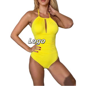 Traje de Baño de Una Pieza para Mujer, Color Sólido, Personalizado, de Spandex/Poliéster, con Sujetador Push-Up, Cuello Halter, Logotipo Frontal, Protección UV, Ropa de Playa - Product Image 3