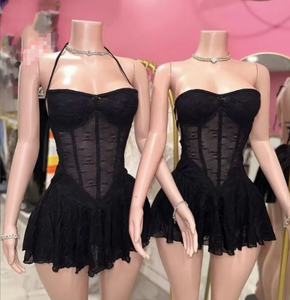Abito Corto Estivo 2026 da <span class=keywords><strong>Donna</strong></span> in Pizzo Nero Senza Maniche Sexy Mini Abito da Sera Scavato Bodycon per Feste - Product Image 1