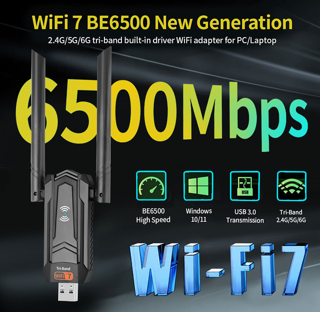 ZGHON BE6500 Wifi 7 Usb Adapter Tri-Band 6G/5G/2G Usb 3.0 Adaptador Antena Wifi Para PC Network Card Receiver Dongle