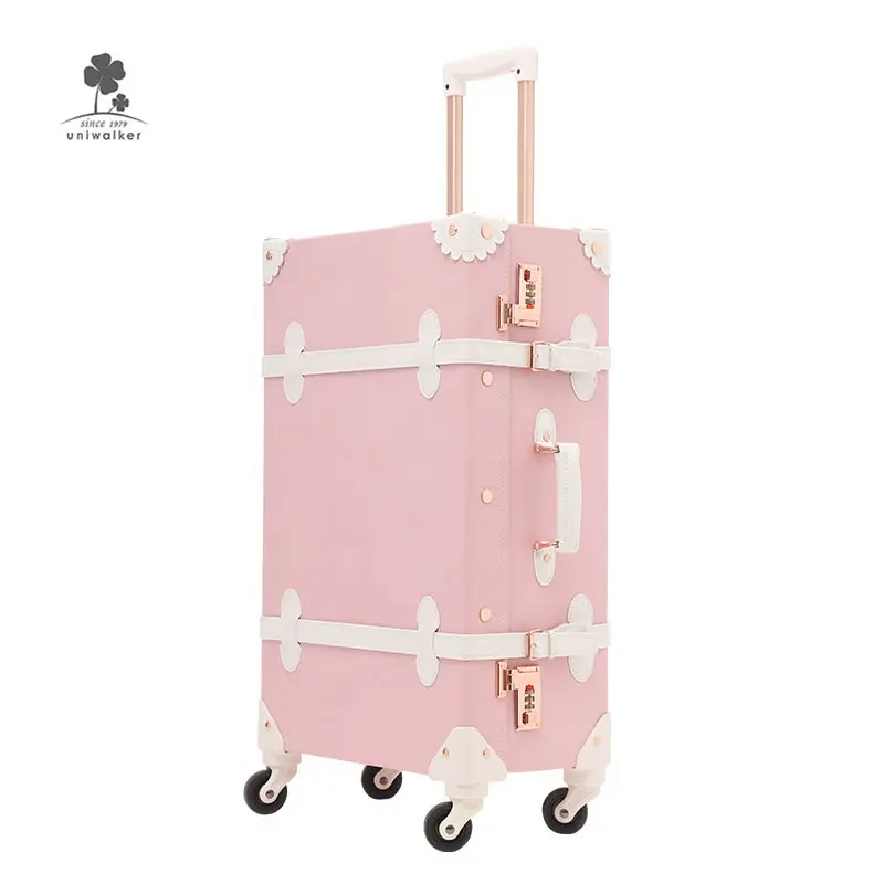 सजावटी गुलाबी लड़कियों विंटेज शैली सूटकेस बॉक्स मामले बच्चों प्यारा हाथ ले जाने पर रेट्रो ट्राली रोलिंग सामान सेट