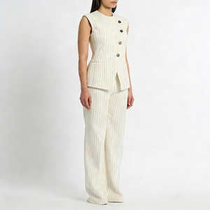 <span class=keywords><strong>Chaleco</strong></span> Elegante de Lino <span class=keywords><strong>con</strong></span> Rayas Color Marfil para <span class=keywords><strong>Mujer</strong></span>, Sin Mangas, <span class=keywords><strong>con</strong></span> Botones al Frente, Estilo Blazer, Ideal para Oficina, Verano - Product Image 5