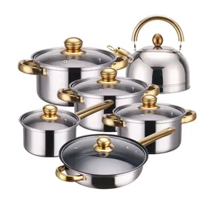 TS set panci Stainless steel, panci anti lengket 12 buah set pegangan berlapis emas stainless pot peralatan masak dapur
