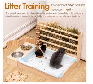 Mangeoire à foin de lapin avec bac à litière et bols, mangeoire en bois 3 en 1 pour les petits animaux de compagnie cochon d'inde lapin - Product Image 2