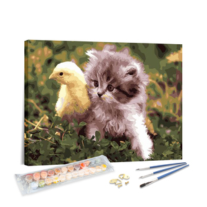 Kit de peinture par numéros Chaton et <span class=keywords><strong>Poussin</strong></span>, Peinture à l'huile DIY sur toile, Décoration murale, Cadeau pour les amoureux des animaux - Product Image 1