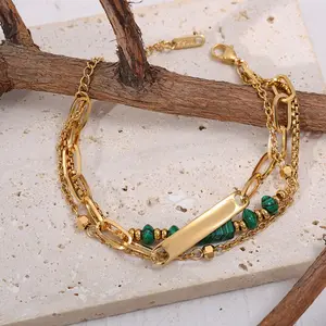 Bracelet Suppliers Custom Engraving Luxury Women 18K Gold Plated Stainless Steel Natural Stone Three Layer Charm Bracelet