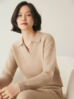 Pull en cachemire 100 % pour femme, col polo, col en V ouvert, coupe ample, manches longues, style minimaliste, décontracté, pour tous les jours
