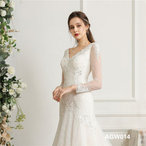 Donne festa in Tulle pizzo Semi chiaro scollo a v <span class=keywords><strong>lungo</strong></span> strascico abiti <span class=keywords><strong>da</strong></span> sposa una linea <span class=keywords><strong>abito</strong></span> <span class=keywords><strong>da</strong></span> sposa <span class=keywords><strong>con</strong></span> <span class=keywords><strong>maniche</strong></span> - Product Image 3