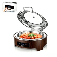 Pemanas Makanan Buffet Listrik Individual Round Chafing Dish dengan Jendela, Kompor Stainless Steel 6L 400W, Peralatan Dapur untuk Hotel